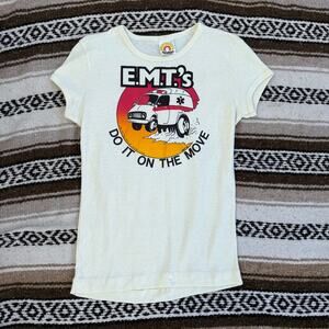 Women's Vintage 1980 EMT's Do it on the Move Retro Ringer Cream White Shirt Sz L